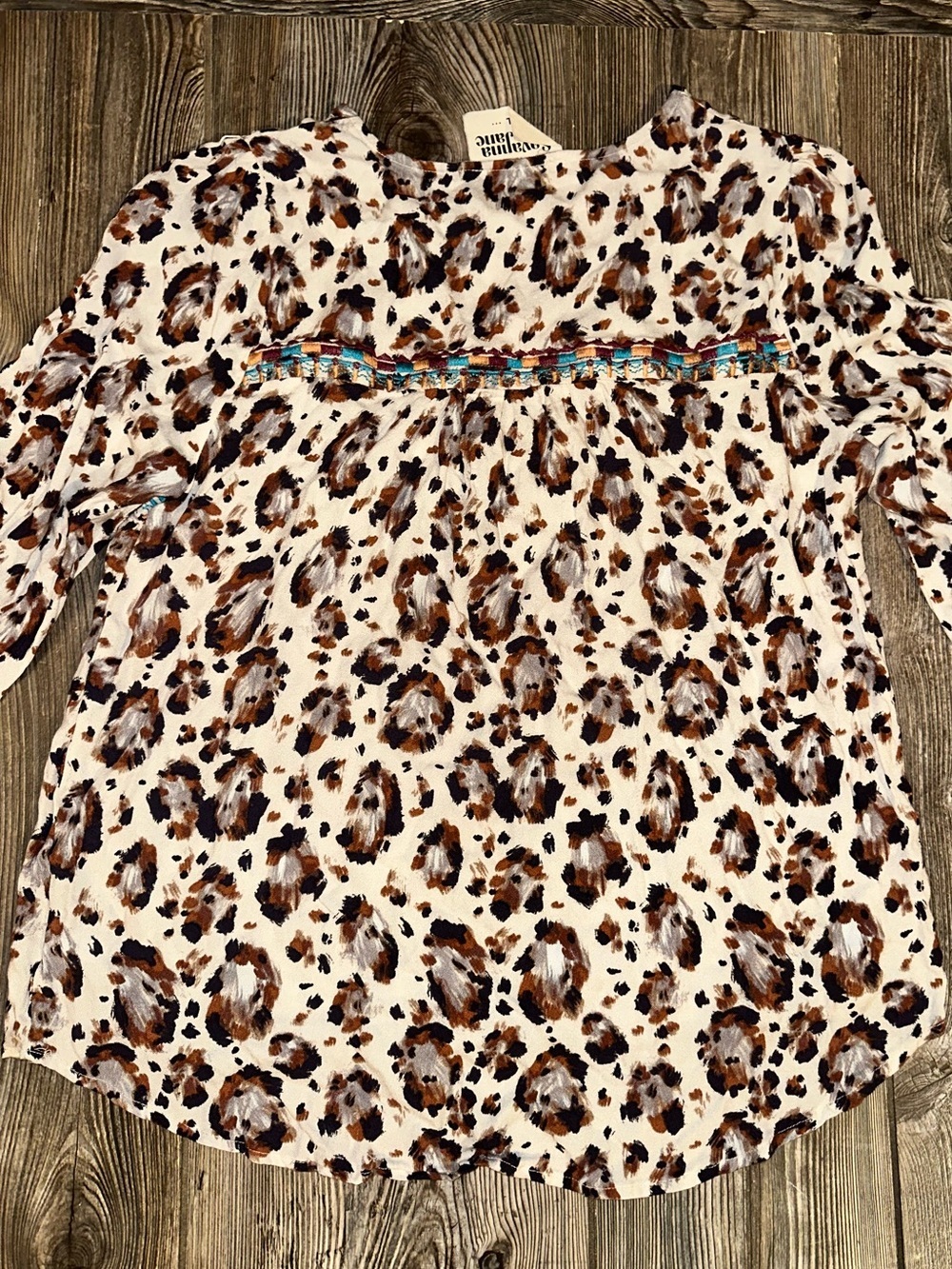 Savanna Jane Cream Leopard Print Blouse with Turquoise Trim Balloon Sleeves L - Picture 2 of 8